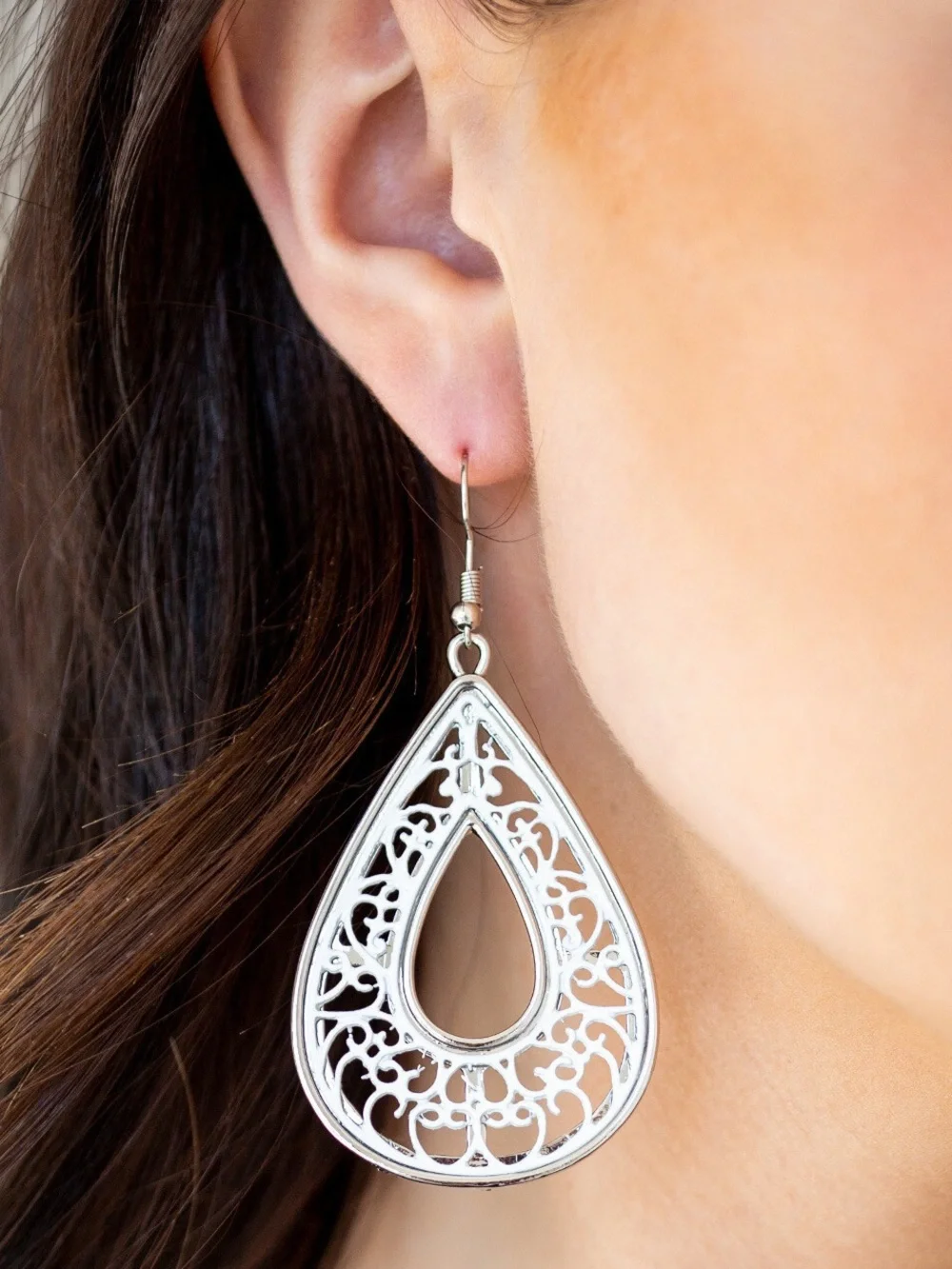 Paparazzi- Drop Anchor Silver Filigree Teardrop Dangle Earrings